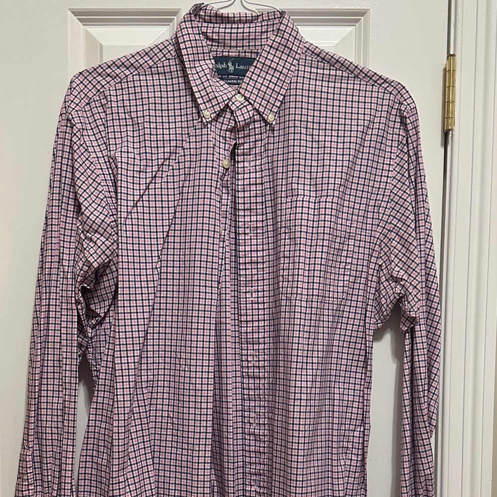 Ralph Lauren Men's Pink and Blue Plaid Shirt Large